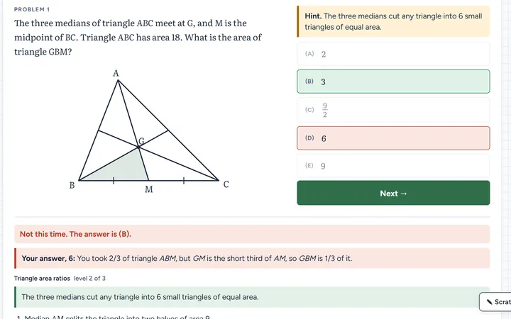The same problem after a hint and a wrong answer: the answer is (C), the key idea, and the solution in steps