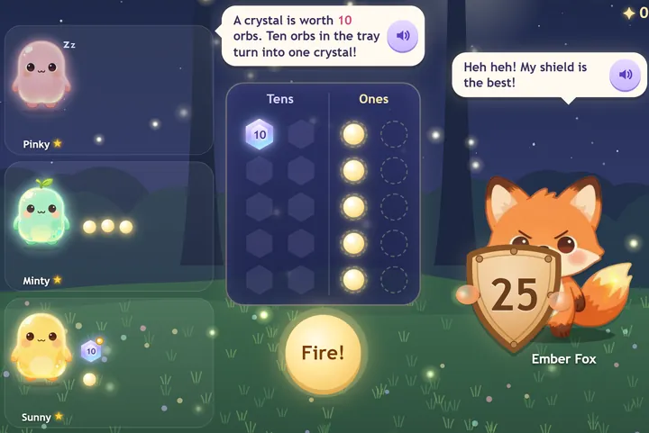 The tray holds a ten crystal and five orbs while a fox holds up a shield with 25 on it.