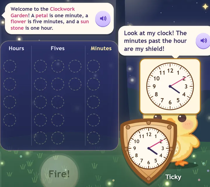 A monster's shield shows a clock face; the tray has Hours, Fives and Minutes columns.