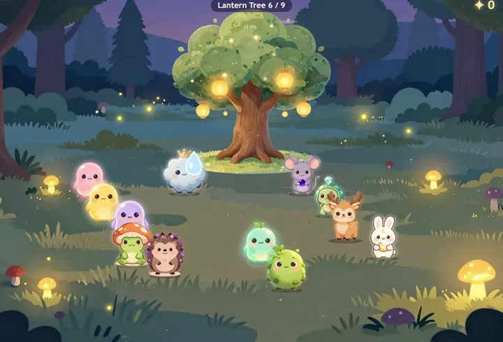 The Spirit Grove: a glowing lantern tree with a dozen spirit friends wandering around it.