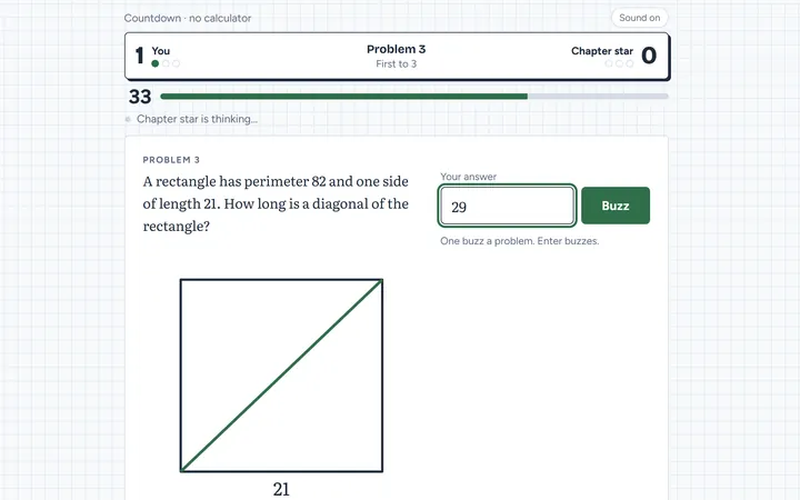 A Countdown match at 1 to 0: 33 seconds left on the clock, Chapter star is thinking, and 29 is typed for the diagonal of a rectangle with perimeter 82 and one side 21