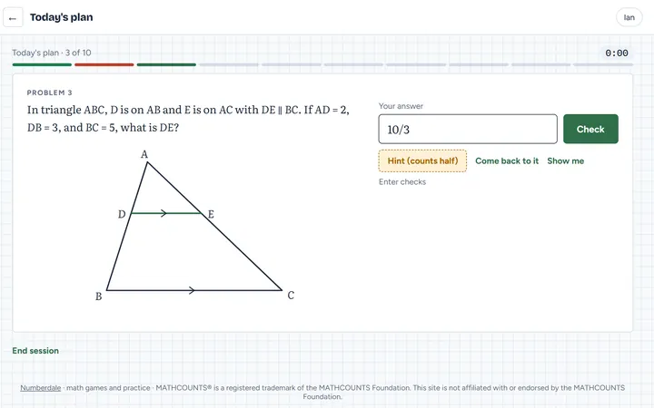 A problem: in triangle ABC, D is on AB and E is on AC with DE parallel to BC; AD = 2, DB = 3 and BC = 5, what is DE? The triangle is drawn, and 10/3 is typed in the answer box beside Check.