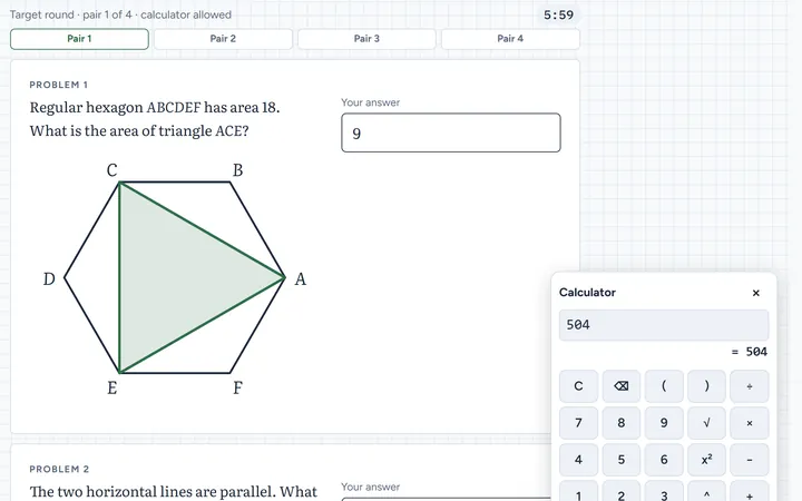 A Target round pair: regular hexagon ABCDEF has area 18 and triangle ACE is shaded, with the answer typed and the on-screen calculator open