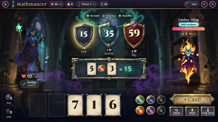 A battle: the hand 5, 3, 7, 1, 6, the four runes, and the wisp's shields 15, 35 and 59