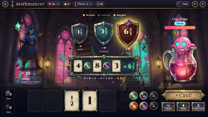 A Shattered Tower battle: the spell 4 + 8 ÷ 3 = 6 2/3 under the Cup Slime's shields 1 1/3, 3 2/3 and 6 2/3