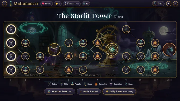 The Starlit Tower's map: a painted library with battle, shop, camp and event rooms on brass rings