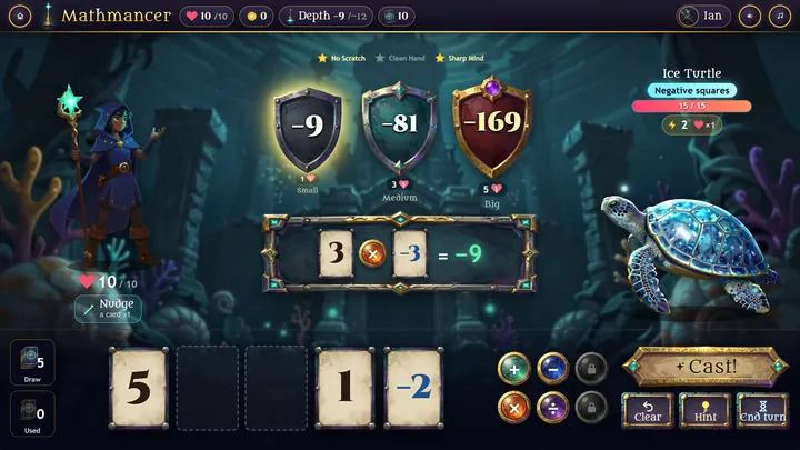 A Sunken Tower battle in the Abyss: the spell 3 × (−3) = −9 under the Ice Turtle's shields −9, −81 and −169