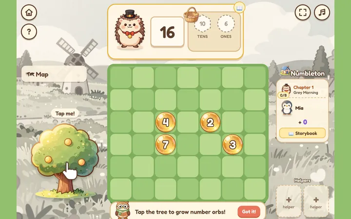 The Numbleton board: a tree with number orbs, a 6 by 7 grid with blocks 4, 2, 7 and 3, and Hazel's order for 16